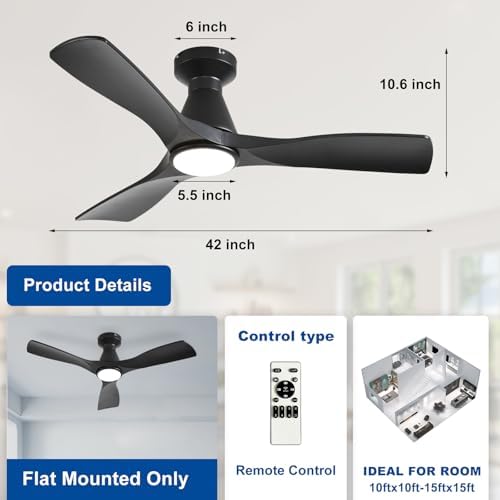 42-Inch Ceiling Fans with Lights: Black 3 Blade Flush Mount Low Profile Ceiling Fan for Bedroom - Dimmable, alternate view 4