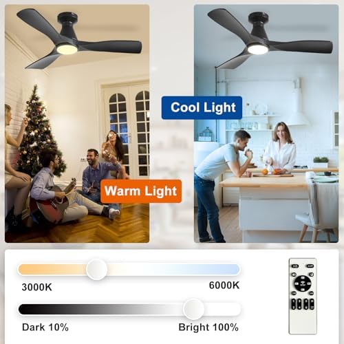 42-Inch Ceiling Fans with Lights: Black 3 Blade Flush Mount Low Profile Ceiling Fan for Bedroom - Dimmable, alternate view 6