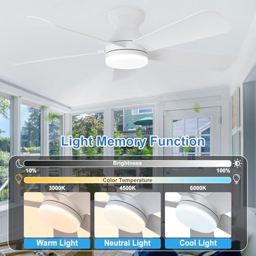 42-Inch Ceiling Fans with Lights: Flush Mount Ceiling Fan with Remote Control Indoor/Outdoor - White 5 Blade Low, alternate