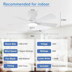 42-Inch Ceiling Fans with Lights: Flush Mount Ceiling Fan with Remote Control Indoor/Outdoor - White 5 Blade Low, alternate