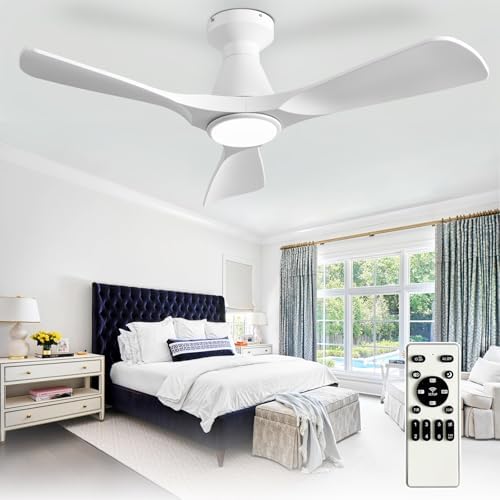 42-Inch Ceiling Fans with Lights: White 3 Blade Flush Mount Low Profile Ceiling Fan for Bedroom - Dimmable