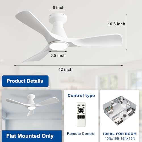 42-Inch Ceiling Fans with Lights: White 3 Blade Flush Mount Low Profile Ceiling Fan for Bedroom - Dimmable, alternate view 5