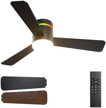 42 Inch RGB Ceiling Fans with Lights, Low Profile, app/Remote, Black in Black