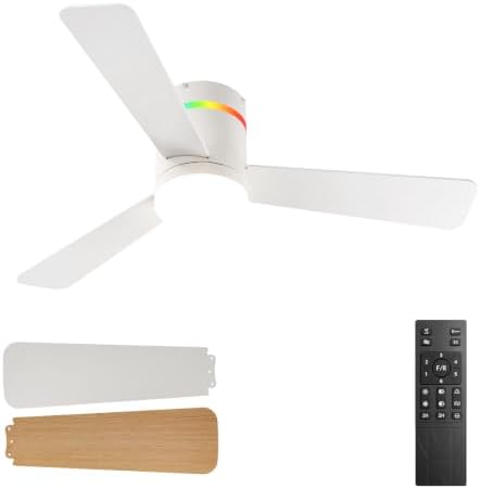 42 Inch RGB Ceiling Fans with Lights, Low Profile, app/Remote, White in White