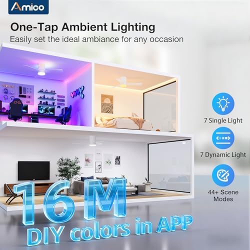 42 Inch RGB Ceiling Fans with Lights, Low Profile, app/Remote, White in White, alternate view 6