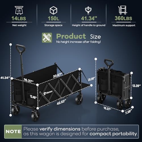 43'' Extra Long Folding Wagon with Extended Tailgate, Black in Black, alternate view 2
