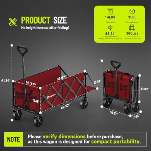 43'' Extra Long Folding Wagon with Extended Tailgate, Red in Red, alternate view 2