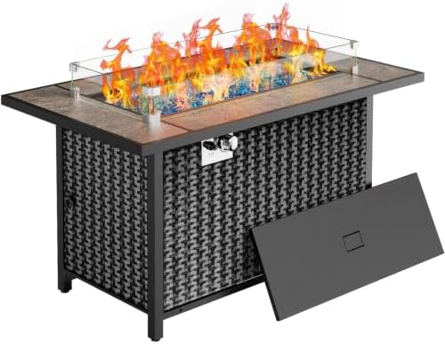 43′′ Fire Pit Table, Outdoor Propane Fire Pit Table with Premium Ceramic Tabletop, Glass Wind Guard, Lid, Glass