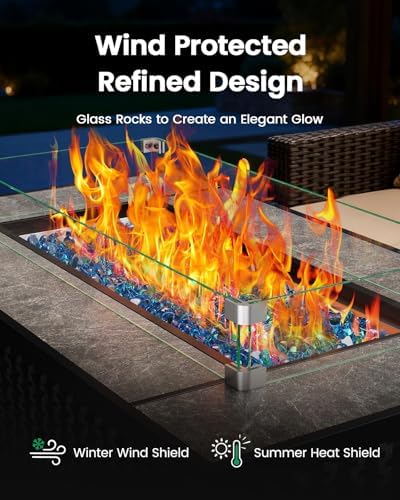 43′′ Fire Pit Table, Outdoor Propane Fire Pit Table with Premium Ceramic Tabletop, Glass Wind Guard, Lid, Glass, alternate