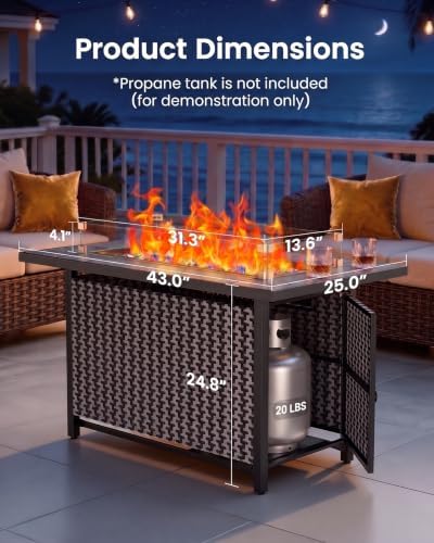 43′′ Fire Pit Table, Outdoor Propane Fire Pit Table with Premium Ceramic Tabletop, Glass Wind Guard, Lid, Glass, alternate