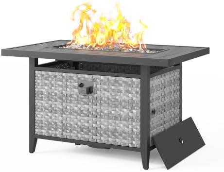43 in Wicker Propane Fire Pit Table with Lid, 55,000 BTU