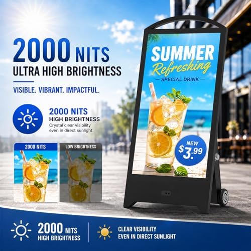 43" Outdoor Digital Signage, 2000nits Portable Digital Signage Display in Black, alternate view 4