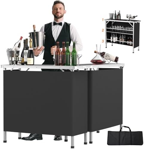 43" Portable Bar Table, 3-Tier Shelves, Mobile Bar Table for Events, Party, Camping, Picnic, Tradeshow, Indoor