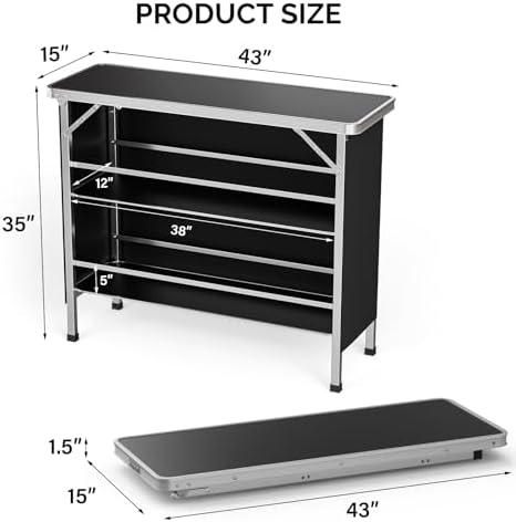 43" Portable Bar Table, 3-Tier Shelves, Mobile Bar Table for Events, Party, Camping, Picnic, Tradeshow, Indoor, alternate