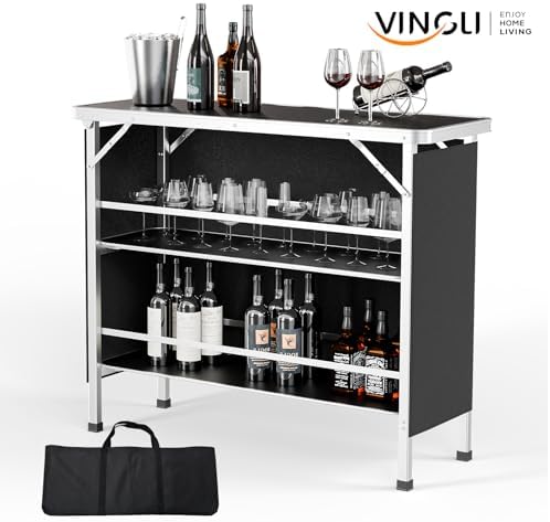 43" Portable Bar Table, 3-Tier Shelves, Mobile Bar Table for Events, Party, Camping, Picnic, Tradeshow, Indoor, alternate