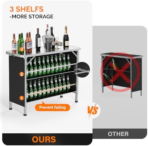 43" Portable Bar Table, 3-Tier Shelves, Mobile Bar Table for Events, Party, Camping, Picnic, Tradeshow, Indoor, alternate