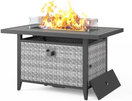 43" Propane Fire Pit Table with Tempered Glass Wind Guard in Gray