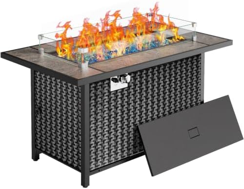 43" Propane Fire Table, with Ceramic Top, Wind Guard, Lid, Glass Rock