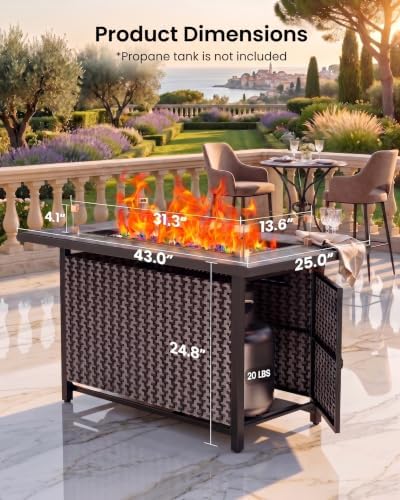 43" Propane Fire Table, with Ceramic Top, Wind Guard, Lid, Glass Rock, alternate view 7