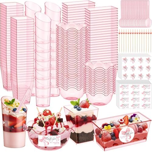446 Pcs Mini Dessert Cups with Spoons 3, 5, 6 oz Plastic Ice Cream Bowls with Picks, Thank You Stickers Dessert