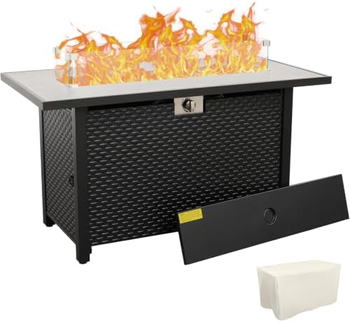 45 Inch Fire Table for Outside 60000 BTU Steel Gas Fire Pit Outdoor Fire Pit Table with Woodgrain Tile-Effect