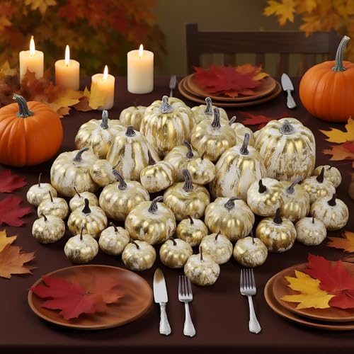 46 Pcs Artificial Gold Pumpkins Fall Decorations for Home, alternate view 2