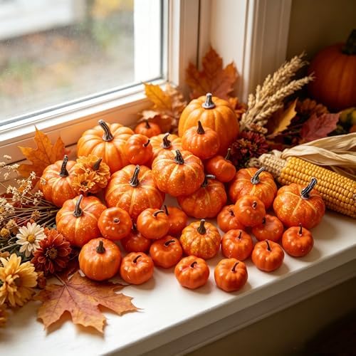 46 Pcs Artificial Pumpkins Fall Decorations, Orange, alternate view 2
