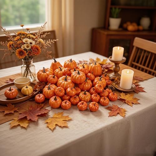 46 Pcs Artificial Pumpkins Fall Decorations, Orange, alternate view 4