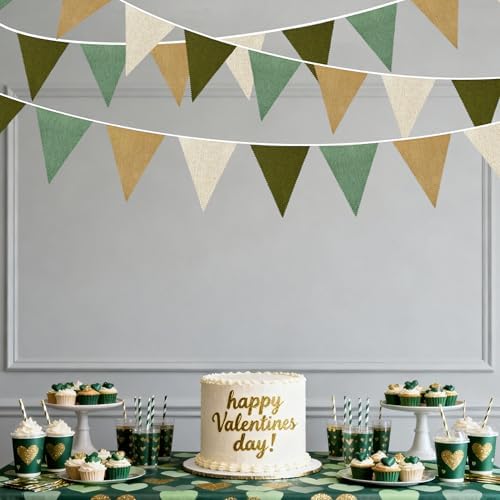 46Ft Camping Party Decorations Sage Green Brown Burlap Banner Triangle Pennant Flag Linen Bunting Garland, alternate view 4