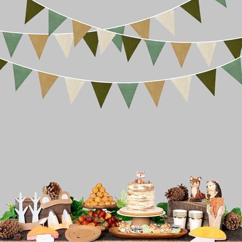 46Ft Camping Party Decorations Sage Green Brown Burlap Banner Triangle Pennant Flag Linen Bunting Garland, alternate view 5