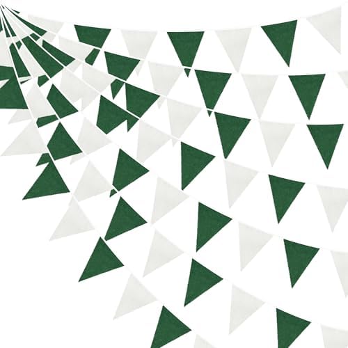46Ft Green White Party Decorations Dark Green White Burlap Banner Triangle Pennant Flag Linen Garland Streamers