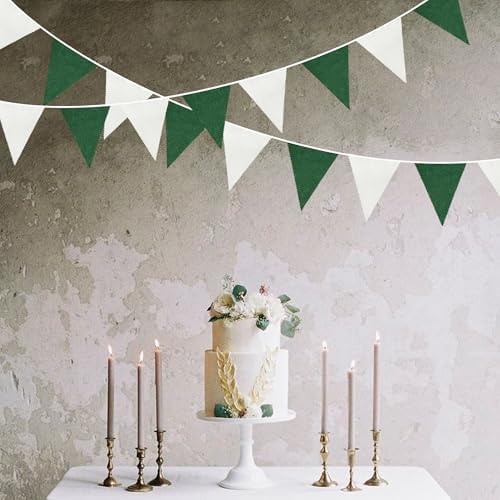 46Ft Green White Party Decorations Dark Green White Burlap Banner Triangle Pennant Flag Linen Garland Streamers, alternate