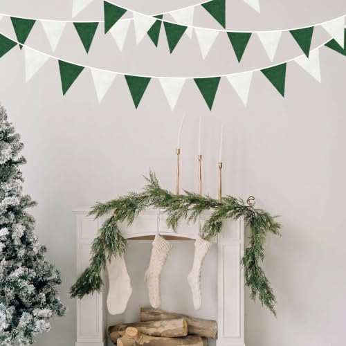 46Ft Green White Party Decorations Dark Green White Burlap Banner Triangle Pennant Flag Linen Garland Streamers, alternate