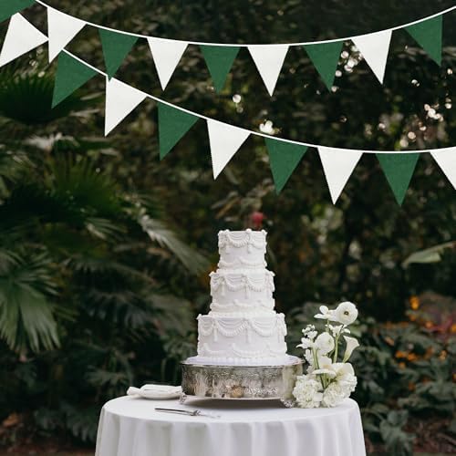 46Ft Green White Party Decorations Dark Green White Burlap Banner Triangle Pennant Flag Linen Garland Streamers, alternate