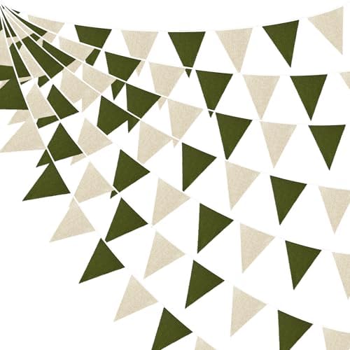 46Ft Olive Green Party Decorations Olive Green Beige Burlap Banner Triangle Pennant Flag Linen Garland Streamers