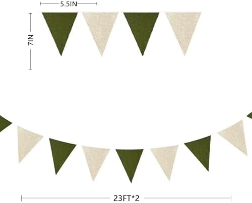 46Ft Olive Green Party Decorations Olive Green Beige Burlap Banner Triangle Pennant Flag Linen Garland Streamers, alternate
