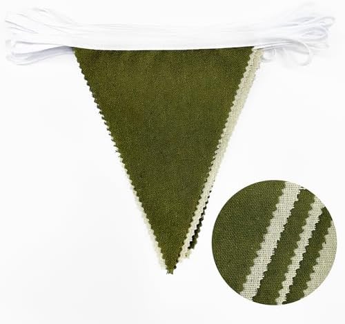 46Ft Olive Green Party Decorations Olive Green Beige Burlap Banner Triangle Pennant Flag Linen Garland Streamers, alternate