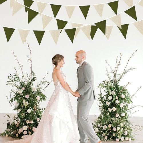46Ft Olive Green Party Decorations Olive Green Beige Burlap Banner Triangle Pennant Flag Linen Garland Streamers, alternate
