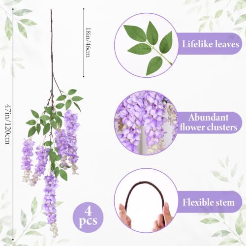 47in Artificial Wisteria Hanging Flower 4PCS Silk Purple Wisteria, alternate view 3