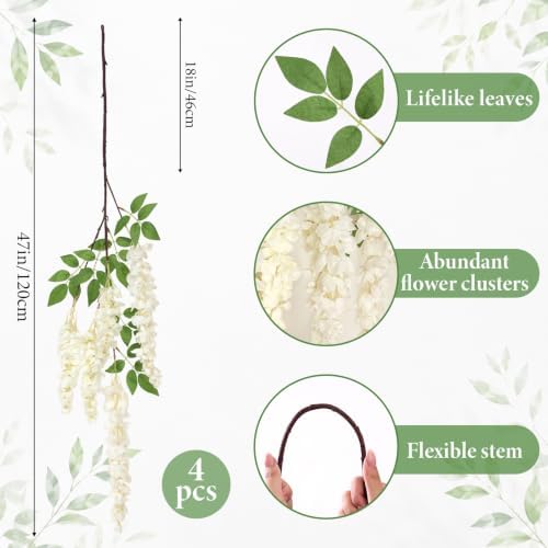 47in Artificial Wisteria Hanging Flower 4PCS Silk White Wisteria, alternate view 3