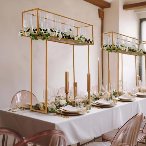 48" Gold Heavy Duty Metal Rectangular Centerpiece Stand, Tall Floral Arrangement Tabletop Display Rack in Type 8