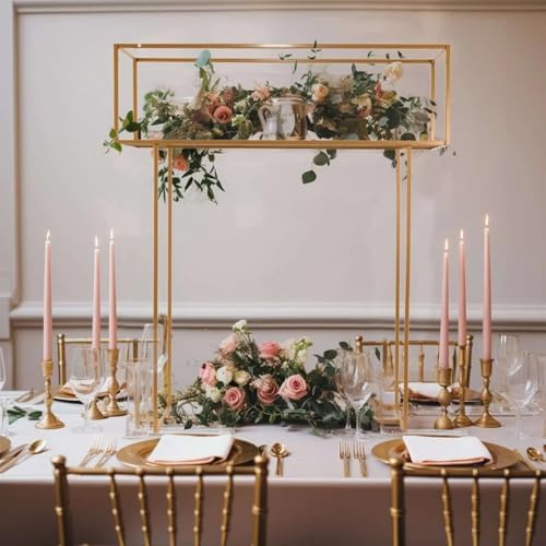 48" Gold Heavy Duty Metal Rectangular Centerpiece Stand, Tall Floral Arrangement Tabletop Display Rack in Type 8, alternate
