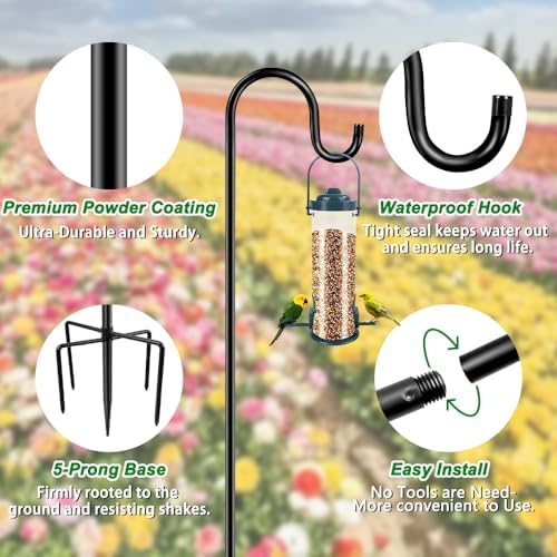48 Inch Shepherds Hooks for Outdoor, Heavy Duty Bird Feeder Pole with 5 Prong Bases, Garden Hanging Stake for, alternate view