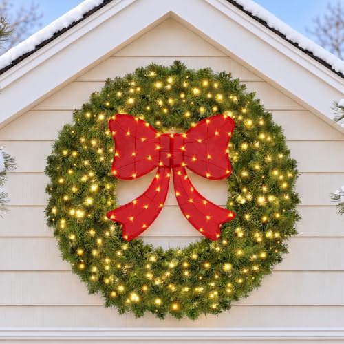 48" Lighted Christmas Wreath with Red Bow, Wall Decorations