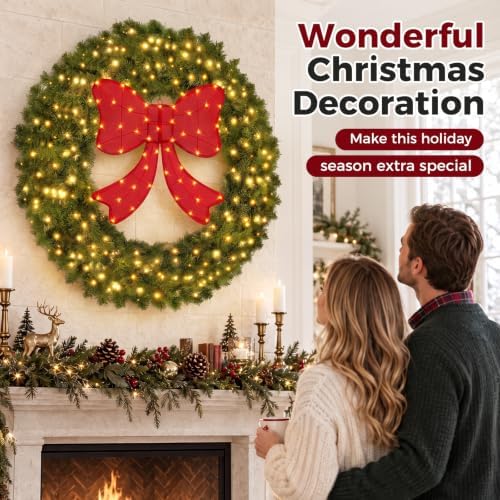 48" Lighted Christmas Wreath with Red Bow, Wall Decorations, alternate view 2