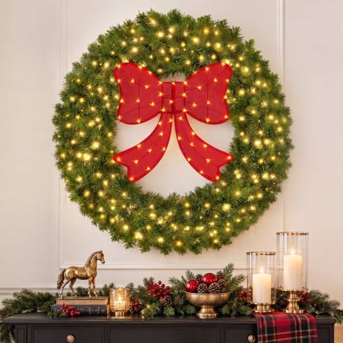 48" Lighted Christmas Wreath with Red Bow, Wall Decorations, alternate view 3