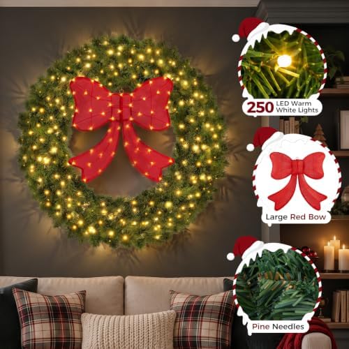 48" Lighted Christmas Wreath with Red Bow, Wall Decorations, alternate view 4