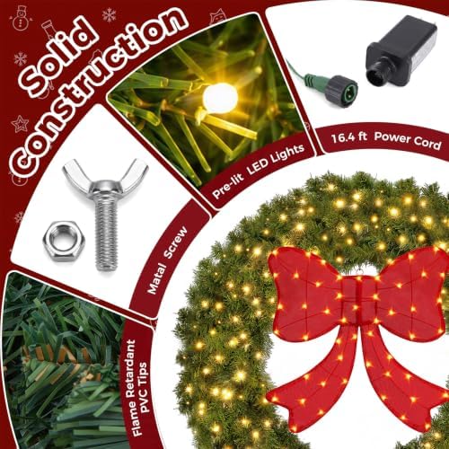 48" Lighted Christmas Wreath with Red Bow, Wall Decorations, alternate view 5