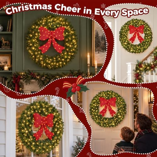 48" Lighted Christmas Wreath with Red Bow, Wall Decorations, alternate view 6