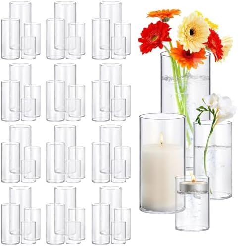 48 Pack Thick Glass Cylinder Vases 4,6,9,12 Inch Tall Clear Flower Vase Hurricane Floating Candle Holder for